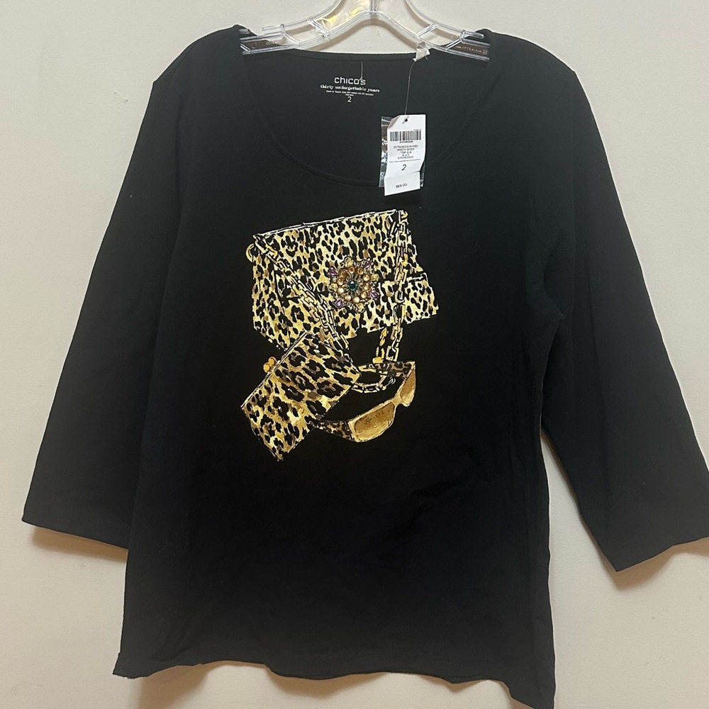 Chico’s Outrageous Whimsy Leopard Graphic Top NWT Black Size L Rhinestone Detail